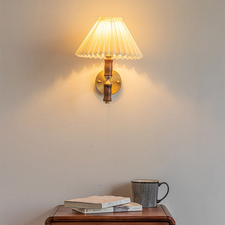 Japanese Vintage Walnut Pleated Umbrella Sconce