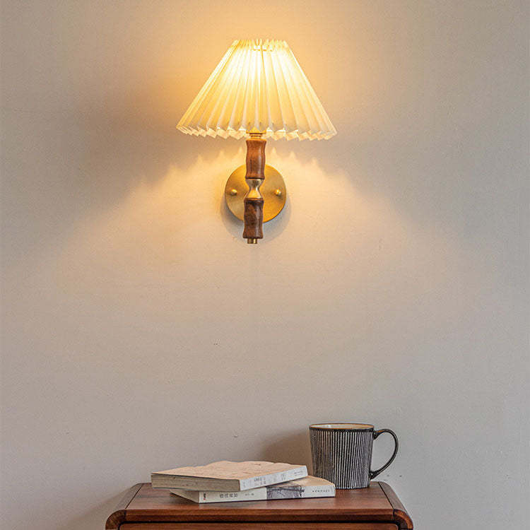 Japanese Vintage Walnut Pleated Umbrella Sconce