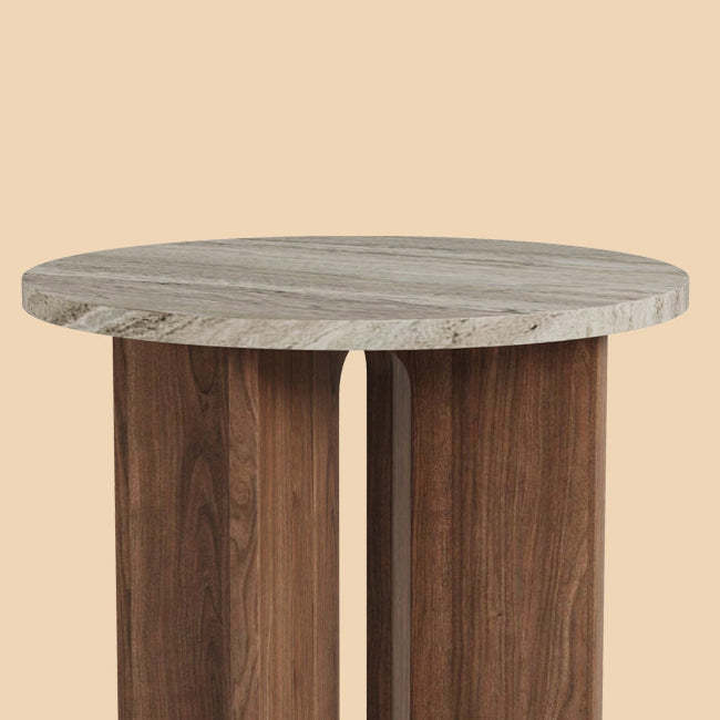 Vintage Cross-Base Travertine Wood Round Coffee Table