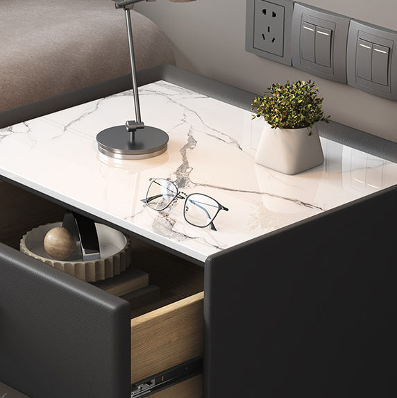 Modern Cubic Sintered Stone Solid Wood Nightstand — Light Gray