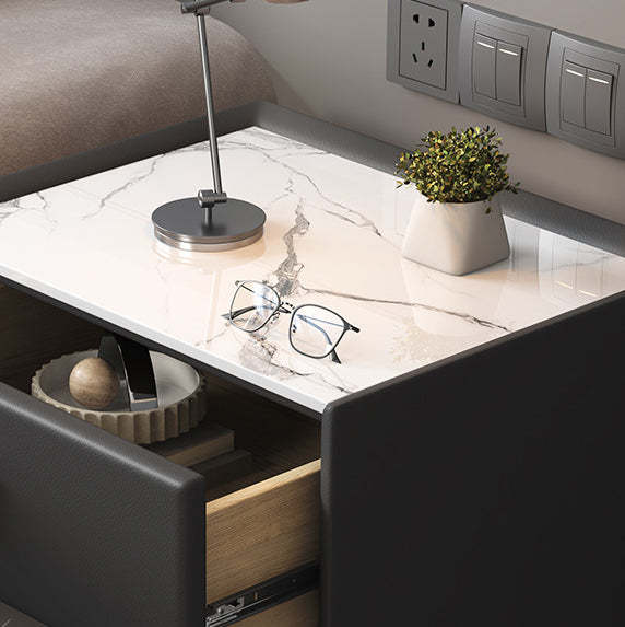 Modern Cubic Sintered Stone Solid Wood Nightstand — Light Gray