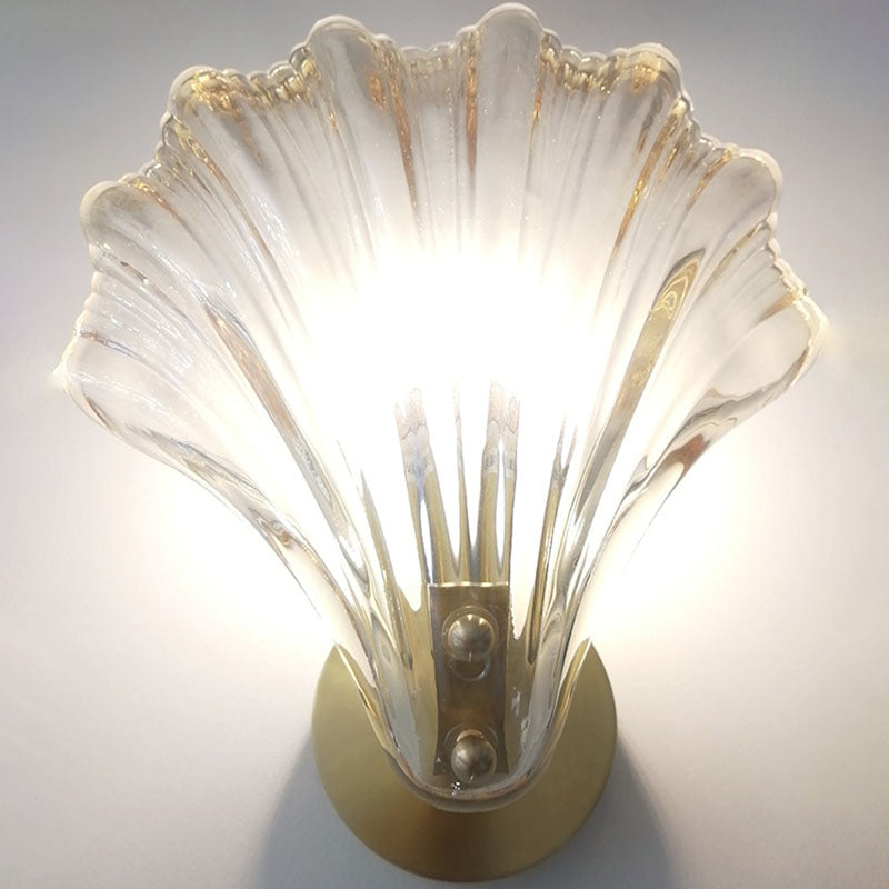 Art Deco Scalloped Shell Amber Glass Brass Wall Sconce