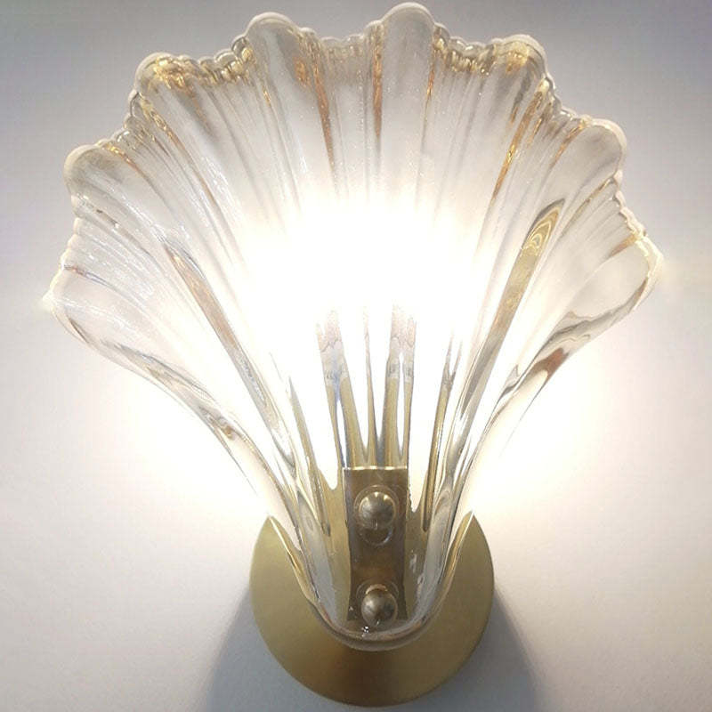 Art Deco Scalloped Shell Amber Glass Brass Wall Sconce