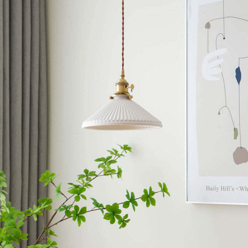 Japanese Pleated Ceramic Cone Brass Pendant Light
