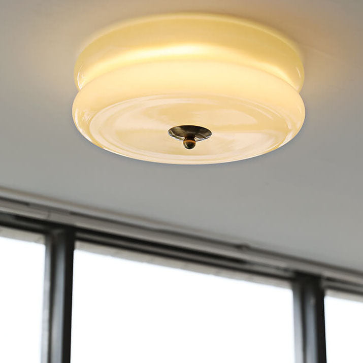 French Minimalist Cream Glass Round LED Flush Mount Light