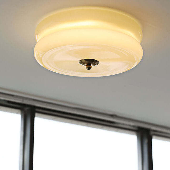 French Minimalist Cream Glass Round LED Flush Mount Light