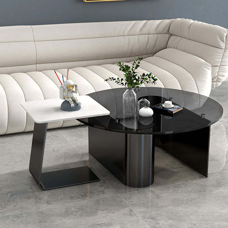 Minimalist Round Glass Slate Metal Coffee Table