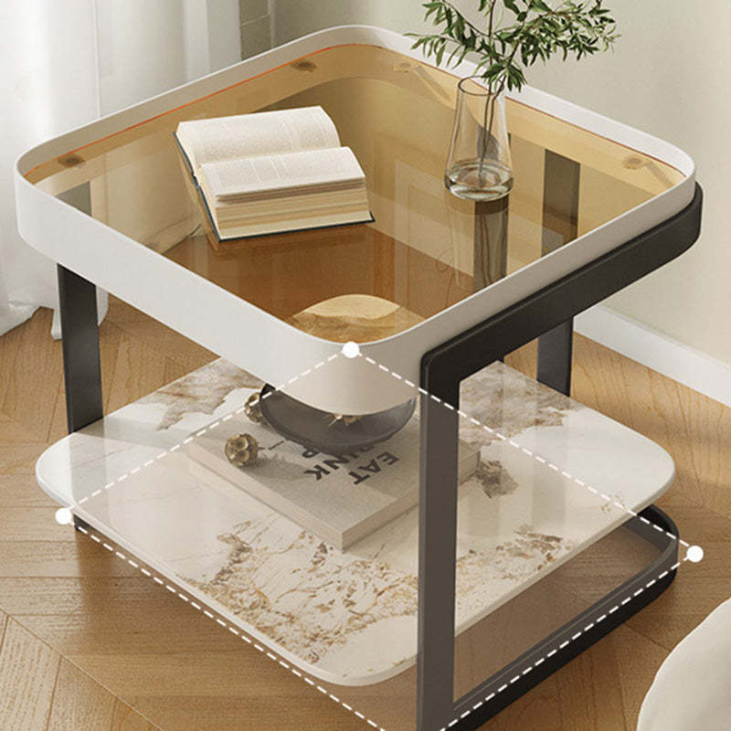 Modern Luxury Glass Rock Slab Iron 2-Tier Coffee Table