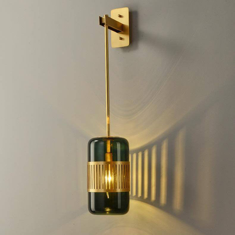 Vintage Brass Cylindrical Glass Wall Sconce