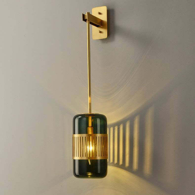 Vintage Brass Cylindrical Glass Wall Sconce