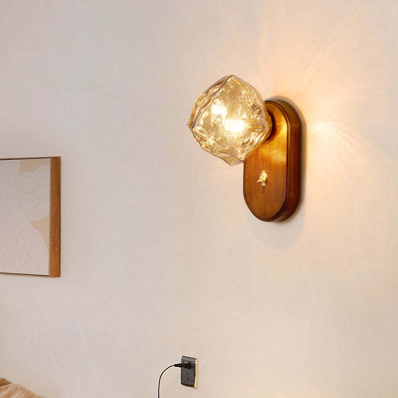Japanese Oval Ice Cube Solid Wood Glass Sconce — Anthracite Gray / 110V-120V For US/CA