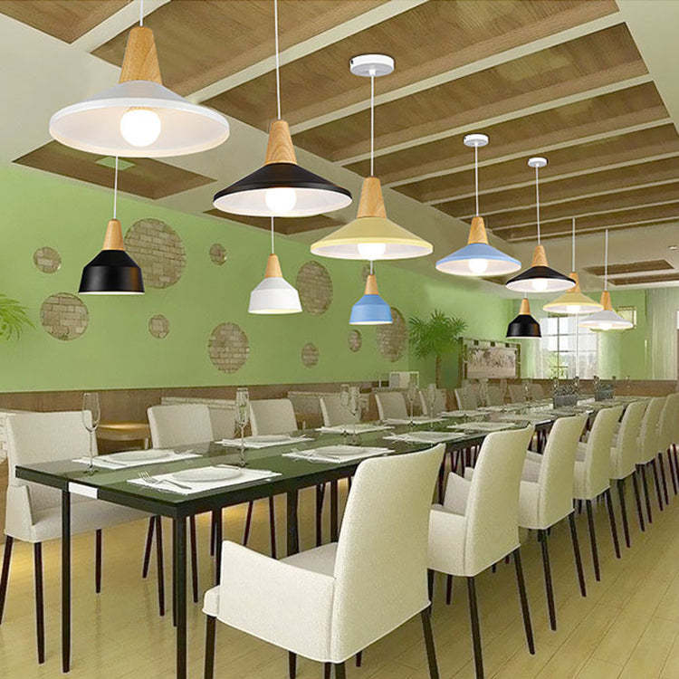 Minimalist Cone Trapezoid Iron Wood Pendant Light — Light Green / 110V-120V For US/CA