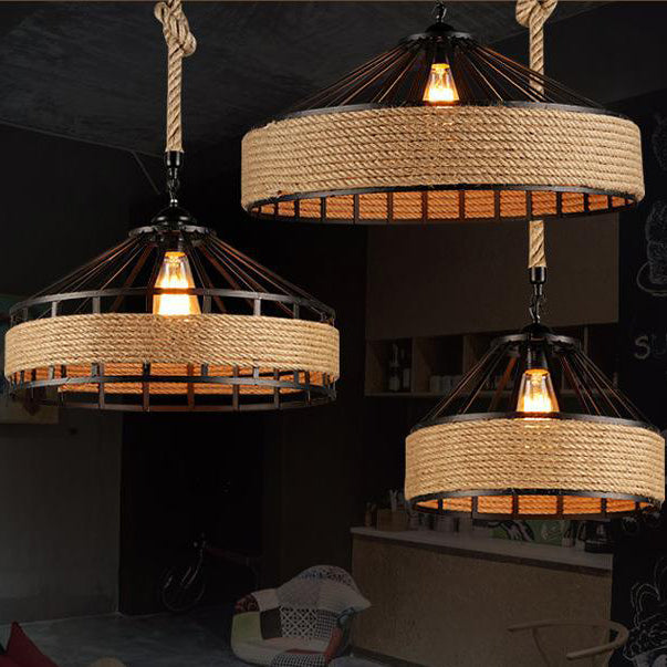 Traditional Rustic Iron Hemp Rope Pendant Light