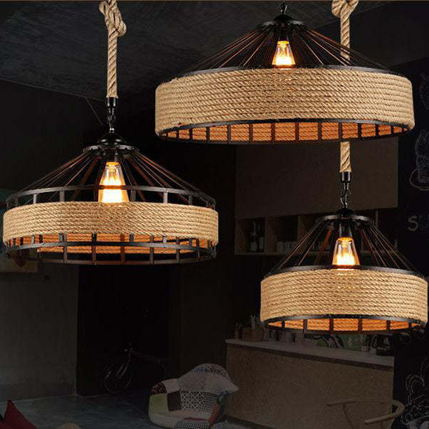 Traditional Rustic Iron Hemp Rope Pendant Light