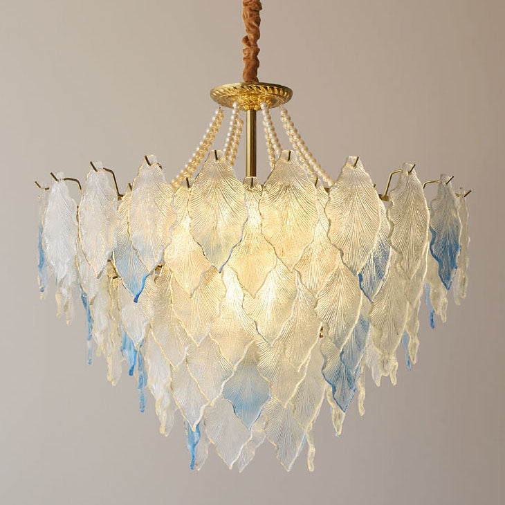 French Tree Leaf Pearl Iron Copper Glass Chandelier