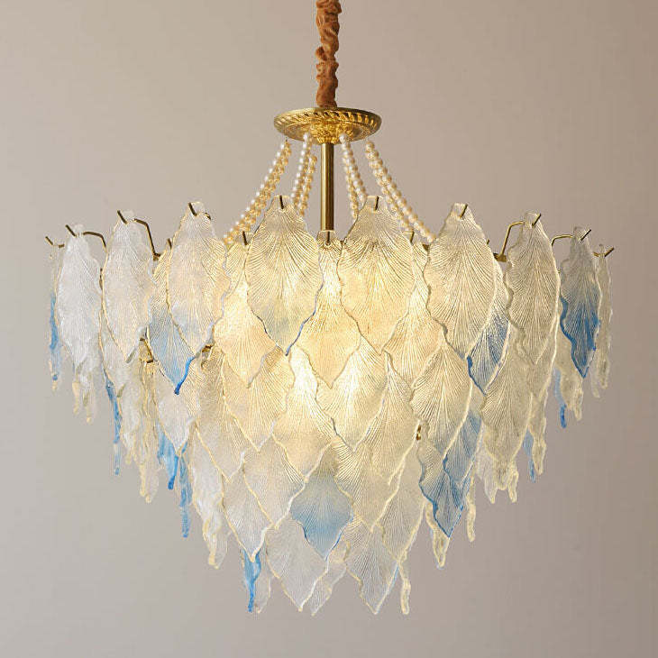 French Tree Leaf Pearl Iron Copper Glass Chandelier