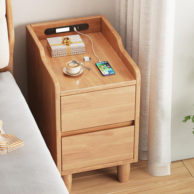 Minimalist Rubber Wood Nightstand 2-Drawer USB Sensor Light
