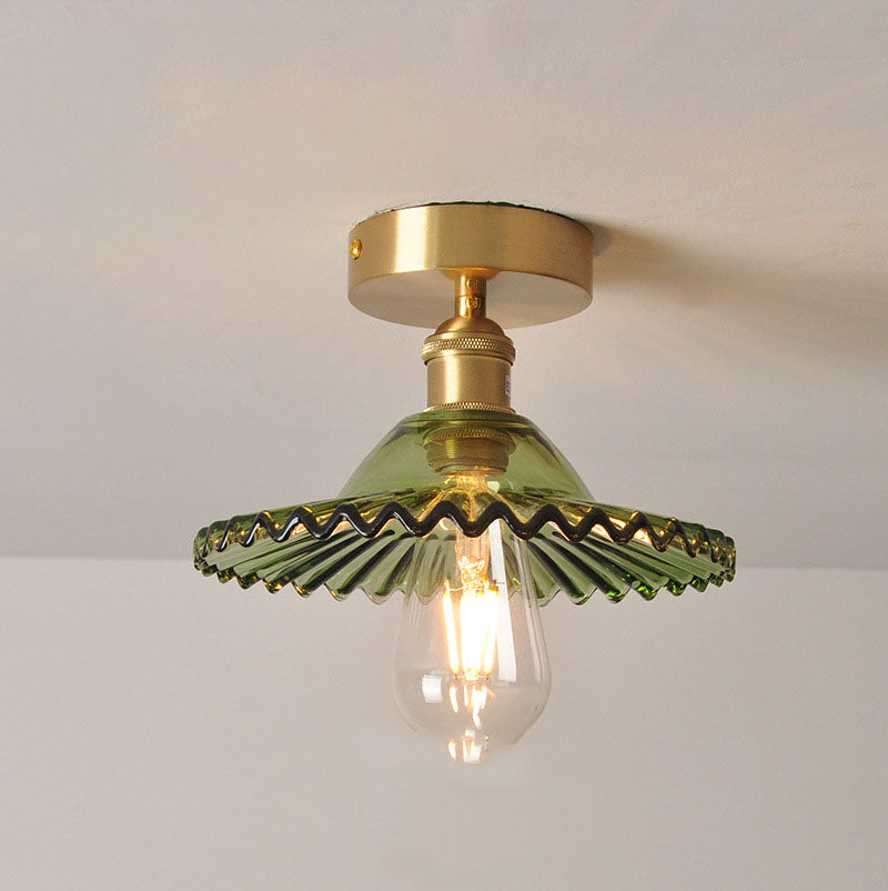 Japanese Vintage Brass Lotus Glass Semi-Flush Ceiling Light