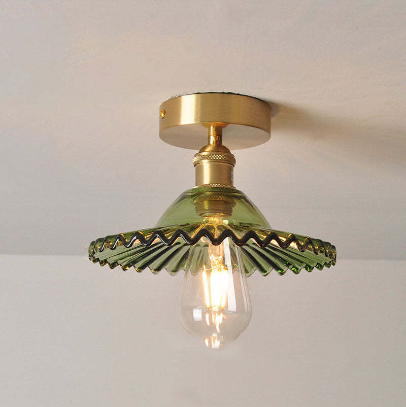 Japanese Vintage Brass Lotus Glass Semi-Flush Ceiling Light