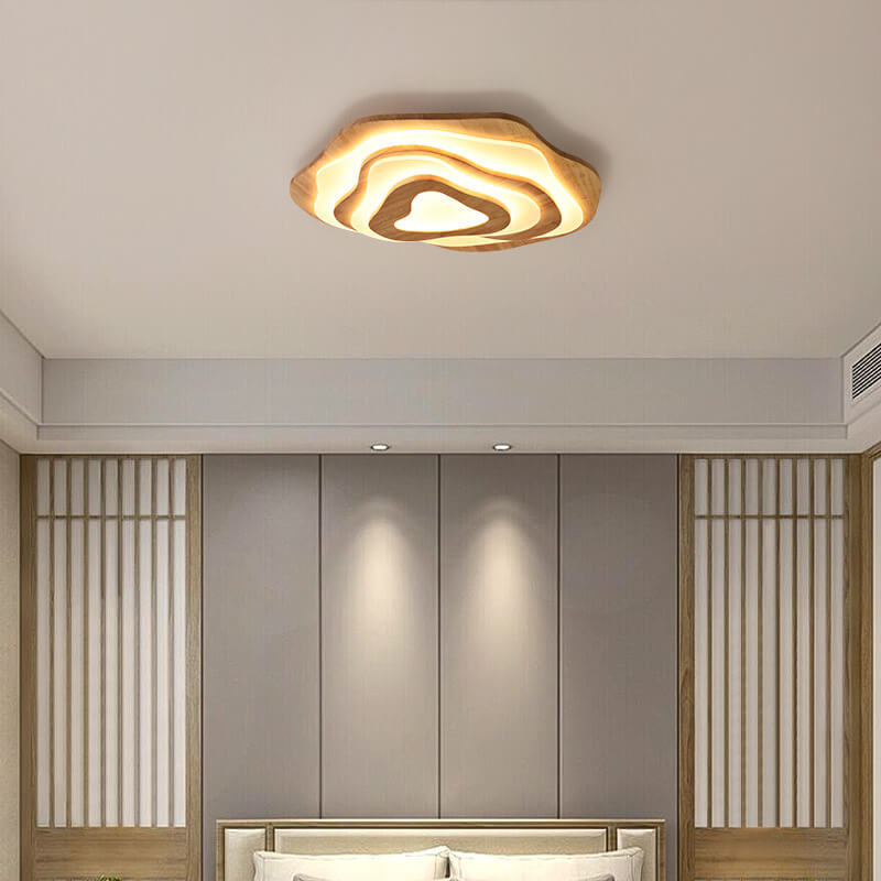 Modern Chinese Solid Wood Textured Geometric LED Flush Light