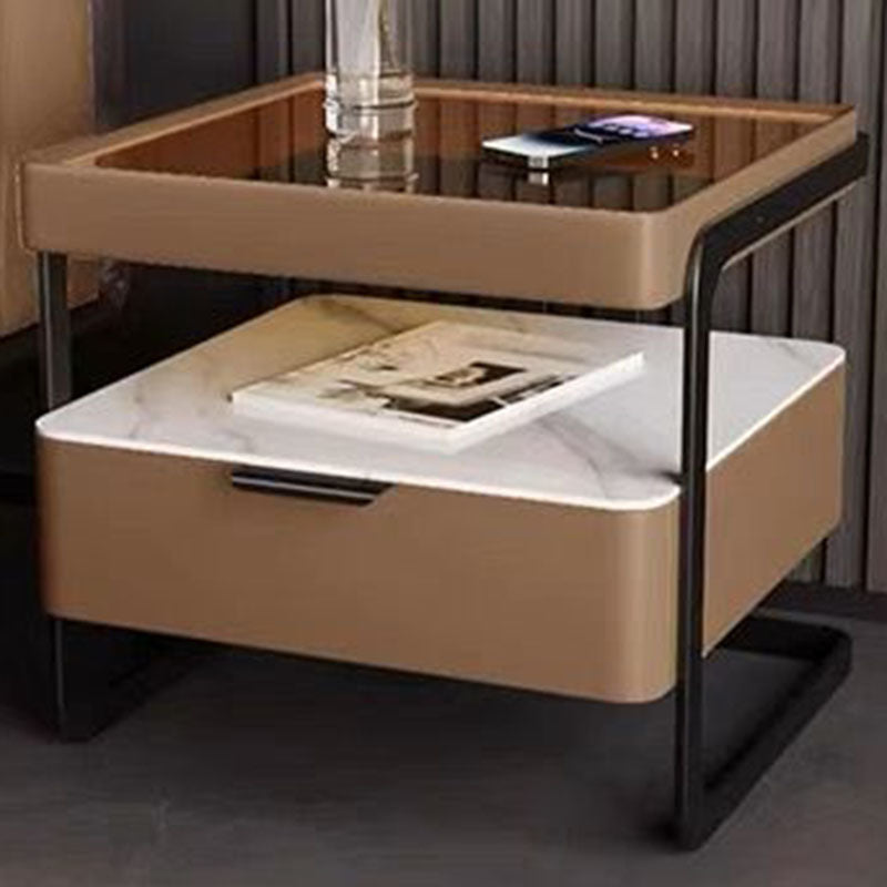Nordic Reinforced Glass Leather Wood Nightstand 1-Drawer