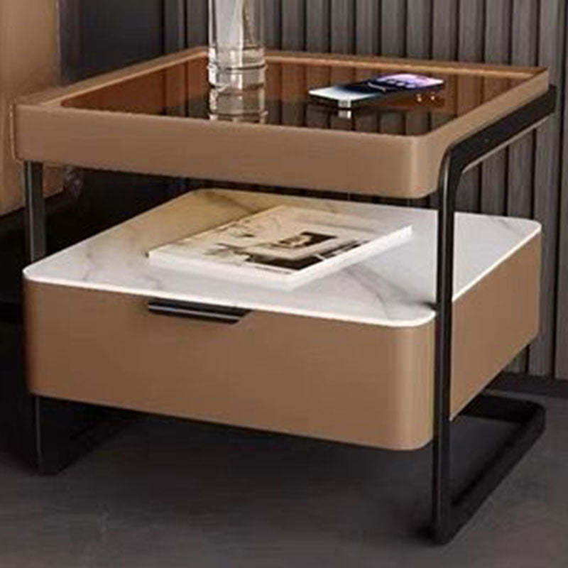 Nordic Reinforced Glass Leather Wood Nightstand 1-Drawer