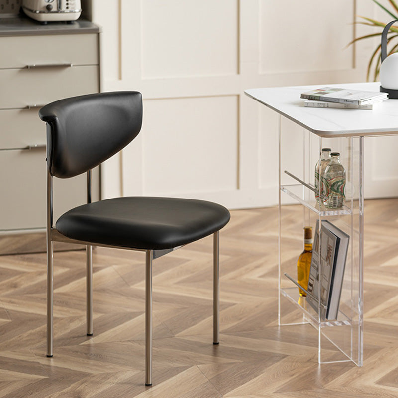 Minimalist Leather Square Dining Chair Curved Backrest — Black