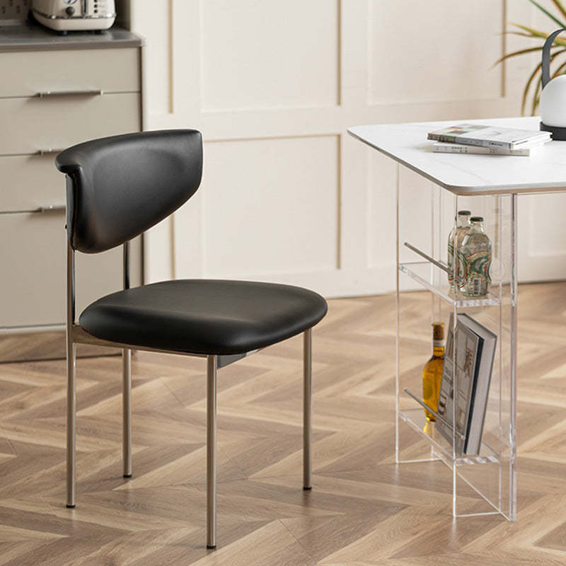 Minimalist Leather Square Dining Chair Curved Backrest — Black