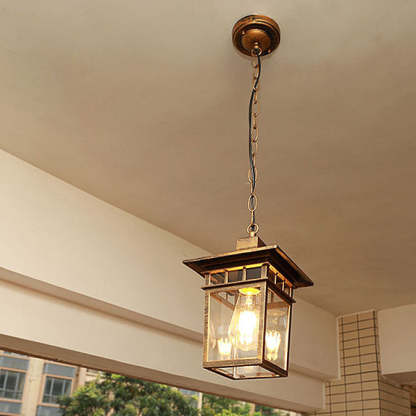 European Square Cage Aluminum Glass Outdoor Pendant Light — Copper / 110V-120V For US/CA