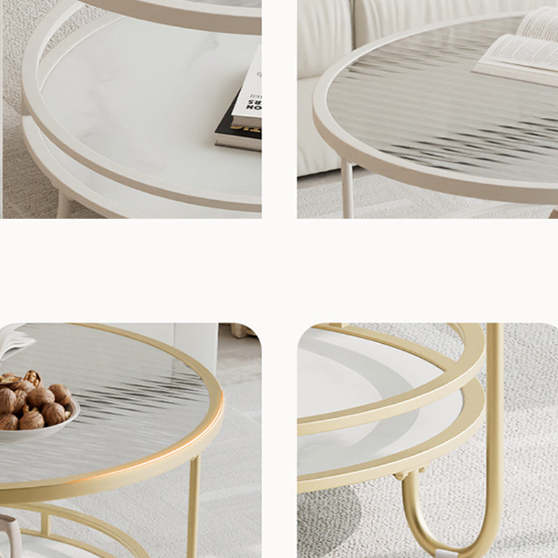 Modern Round Striped Glass Metal Coffee Table — White / Striped Glass