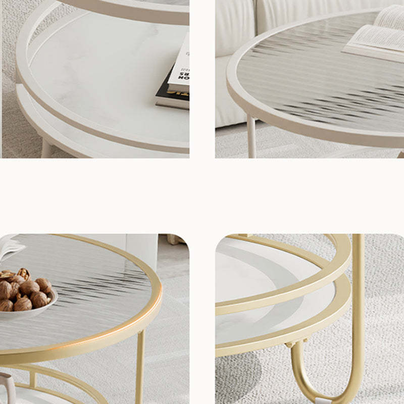 Modern Round Striped Glass Metal Coffee Table — White / Striped Glass