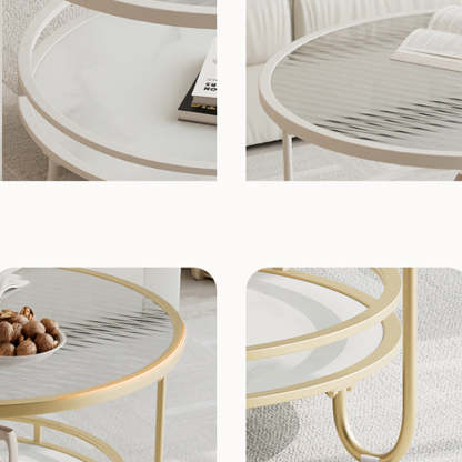 Modern Round Striped Glass Metal Coffee Table — White / Striped Glass