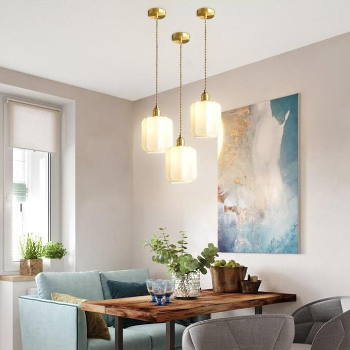 Vintage Cylindrical Brass Glass Pendant Light