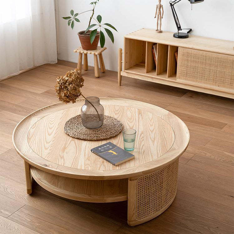 Nordic Round Wood Rattan 2-Tier Coffee Table — Walnut