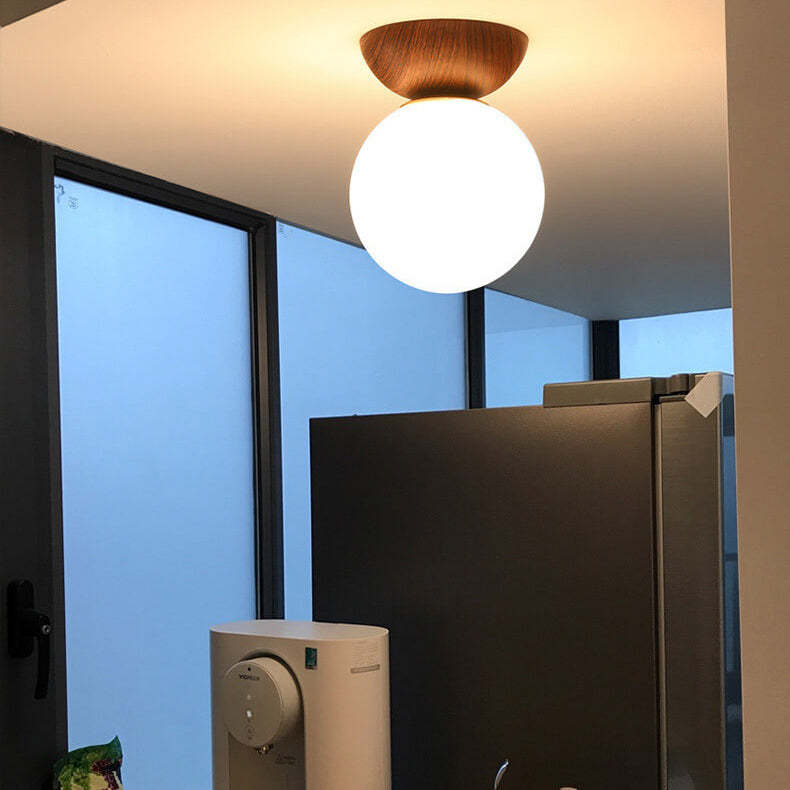 Nordic Japanese Glass Orb Wood Iron Ceiling Light