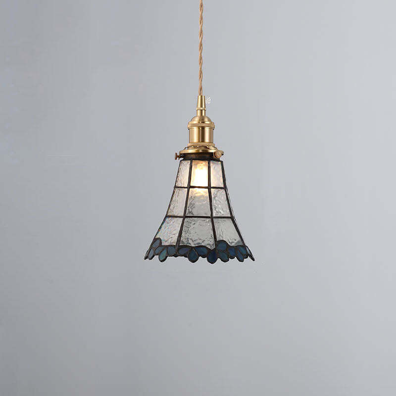 Japanese Vintage Brass Stained Glass Cone Pendant