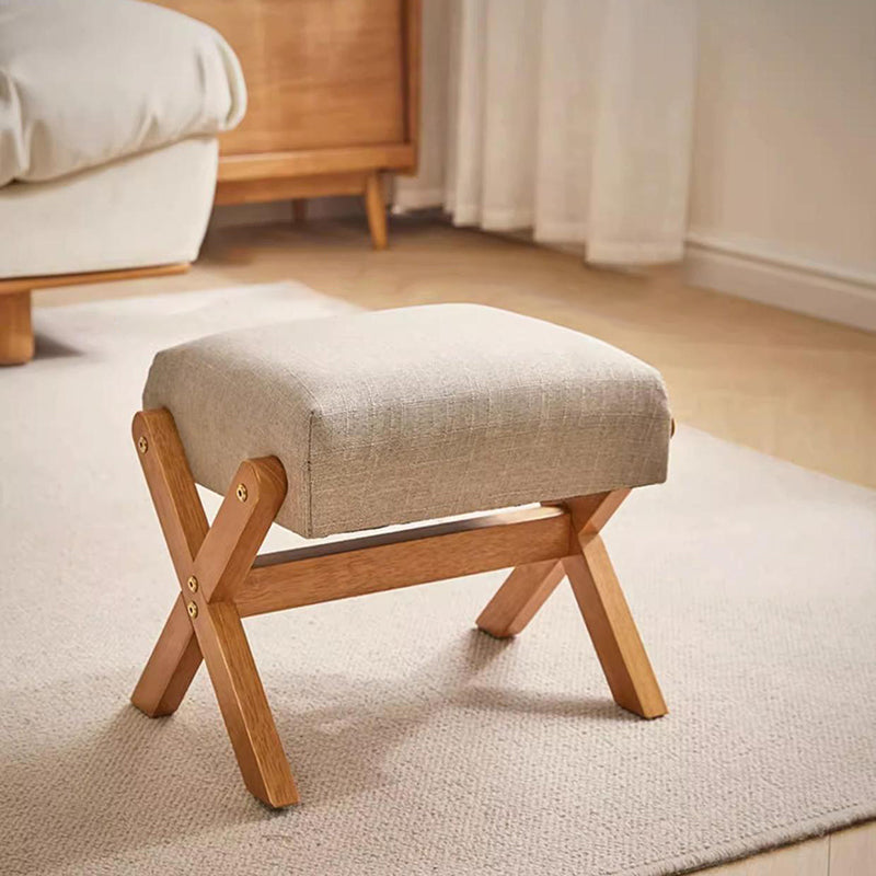 Contemporary Wood Linen X-Leg Footstool — Walnut Color
