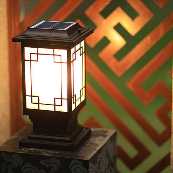 Solar Chinese Window Square Post Garden Light