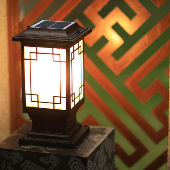 Solar Chinese Window Square Post Garden Light