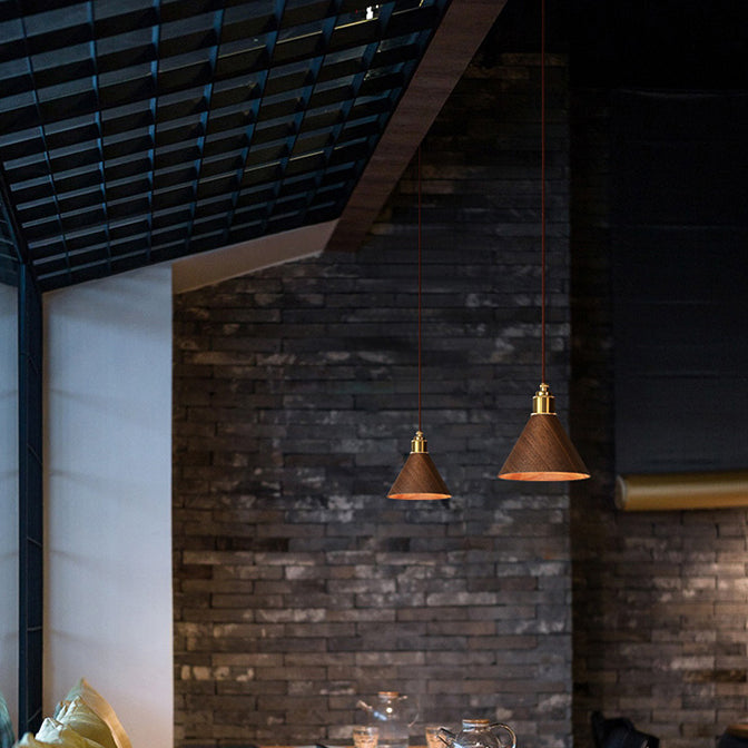 Nordic Minimalist Solid Wood Cone Copper Pendant Light