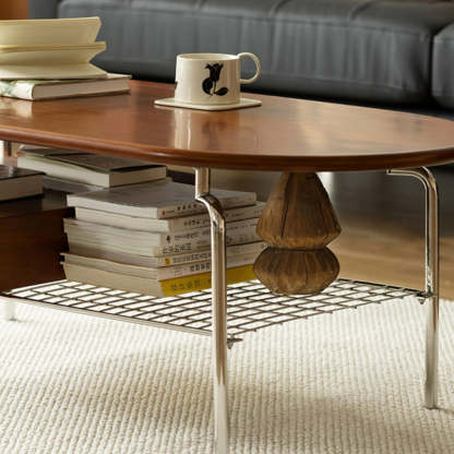 Retro Pine Wood Elliptical Coffee Table 2-Tier
