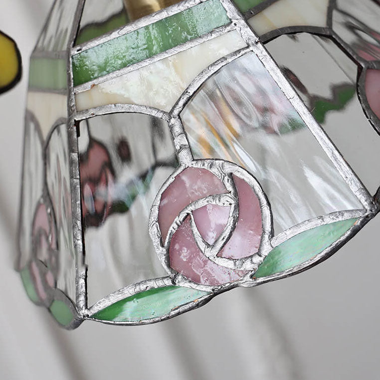 Vintage Tiffany Rose Conical Stained Glass Pendant Light