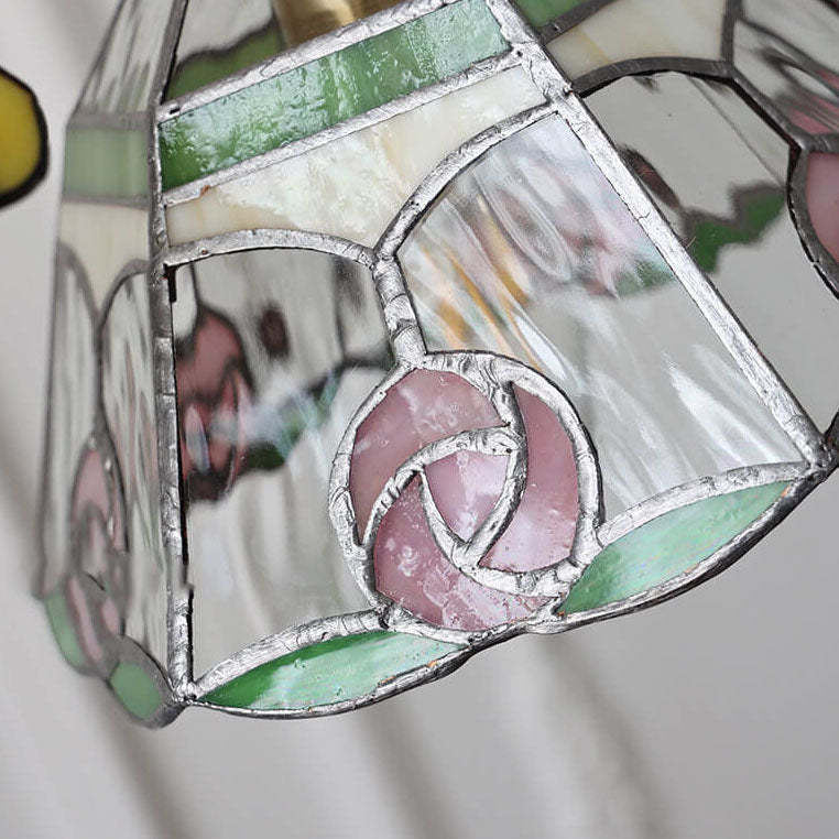 Vintage Tiffany Rose Conical Stained Glass Pendant Light
