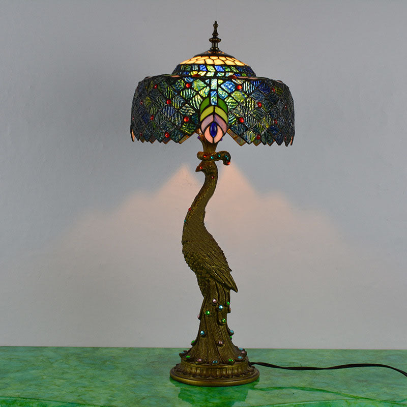 Vintage Tiffany Peacock Gem Dome Glass Table Lamp