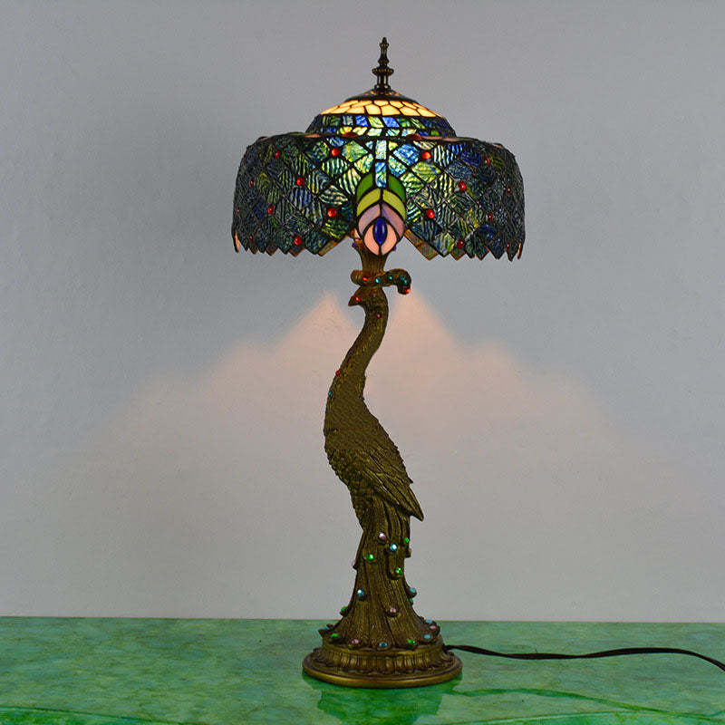 Vintage Tiffany Peacock Gem Dome Glass Table Lamp