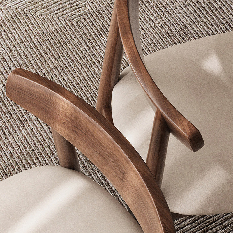 Retro Double-Layer Nappa Leather Open-Back Dining Chair — Log Color Wood Frame + Dark Gray Cotton Linen Seat