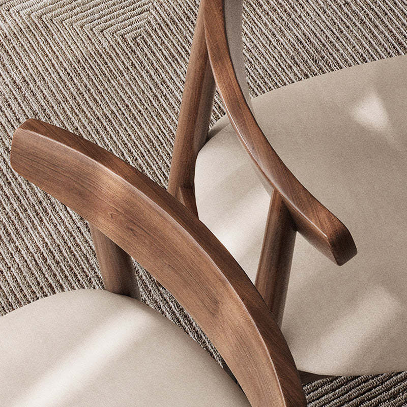 Retro Double-Layer Nappa Leather Open-Back Dining Chair — Log Color Wood Frame + Dark Gray Cotton Linen Seat
