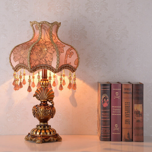 European Vintage Peach Fabric Tassel Palace Table Lamp