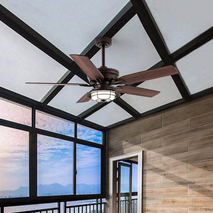 Industrial Wood Blade Ceiling Fan Light — Frequency + Remote Control / 220V-240V For UK/AU