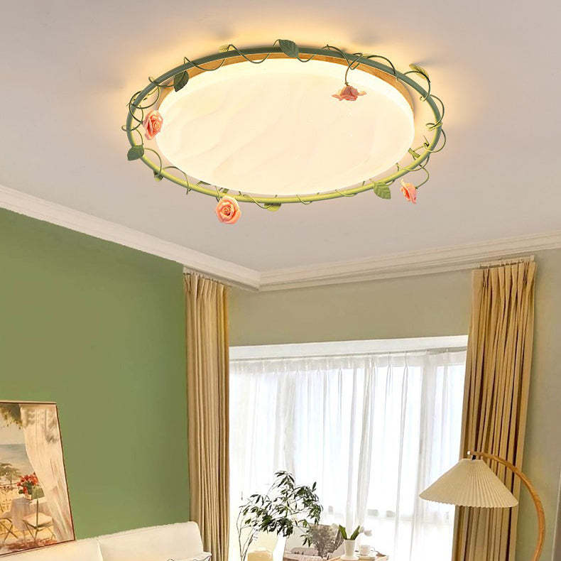 Round Rose Leaf Iron Rubberwood Acrylic LED Flush Light